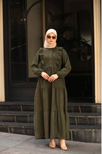 1613 Kendinden Desenli Elbise - Haki 
