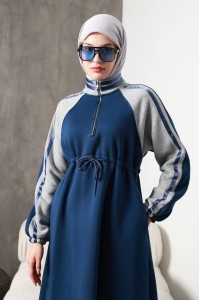 1614 Spor Şerit Detaylı Elbise - Mavi 