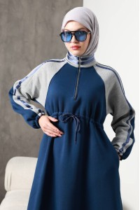 1614 Spor Şerit Detaylı Elbise - Mavi 