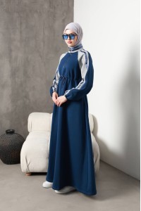 1614 Spor Şerit Detaylı Elbise - Mavi 