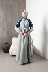 1614 Spor Şerit Detaylı Elbise - Gri 