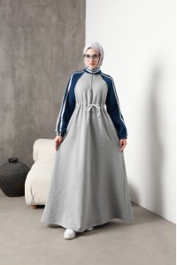 1614 Spor Şerit Detaylı Elbise - Gri 
