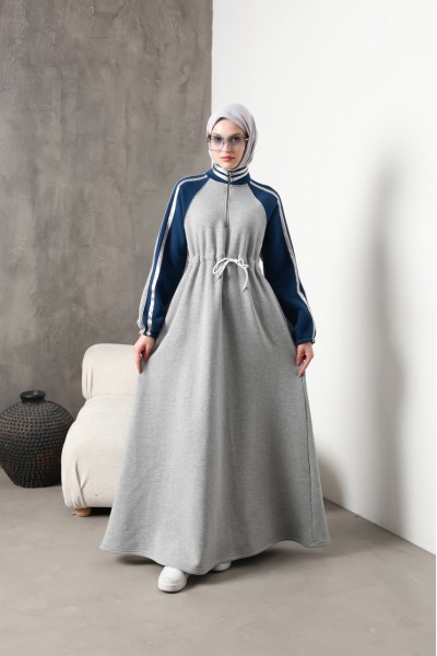1614 Spor Şerit Detaylı Elbise - Gri  