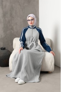 1614 Spor Şerit Detaylı Elbise - Gri 