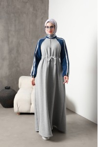1614 Spor Şerit Detaylı Elbise - Gri 