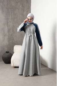1614 Spor Şerit Detaylı Elbise - Gri 