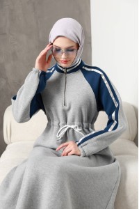 1614 Spor Şerit Detaylı Elbise - Gri 