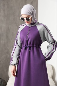 1614 Spor Şerit Detaylı Elbise - Mor 