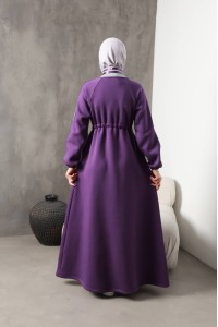 1614 Spor Şerit Detaylı Elbise - Mor 