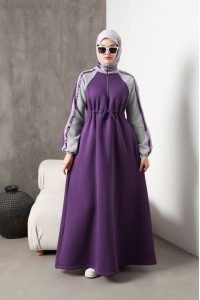 1614 Spor Şerit Detaylı Elbise - Mor 