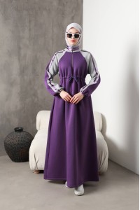 1614 Spor Şerit Detaylı Elbise - Mor 