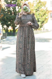 2287 Desenli Elbise - Haki