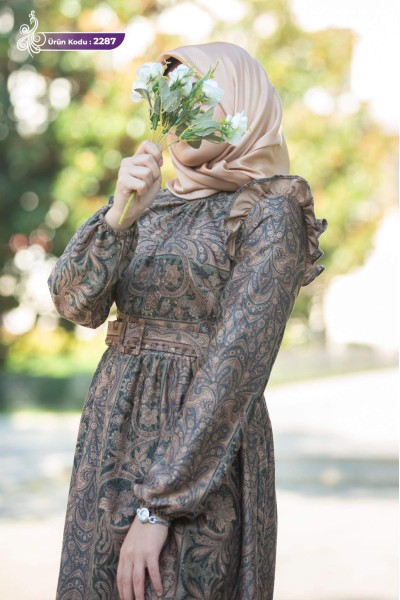 2287 Desenli Elbise - Haki 