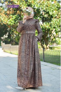 2287 Desenli Elbise - Kahverengi