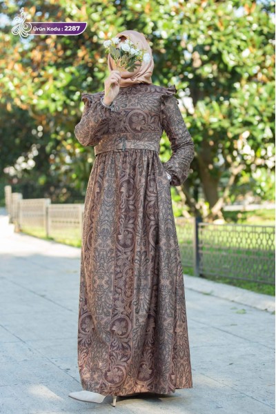 2287 Desenli Elbise - Kahverengi