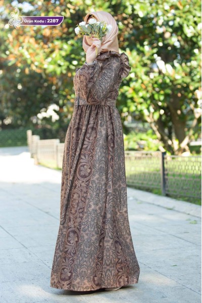 2287 Desenli Elbise - Kahverengi 