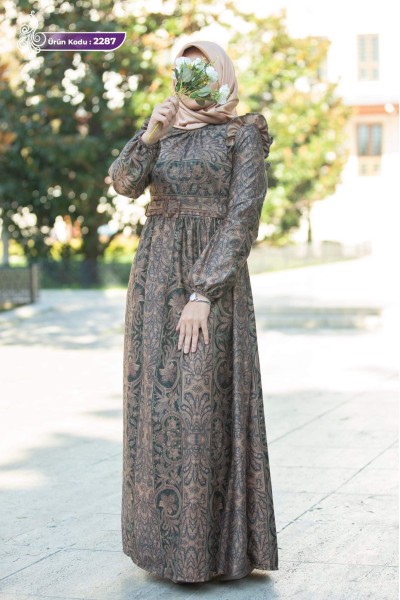 2287 Desenli Elbise - Haki 