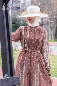 3059 Çiçek Desenli Elbise - Bej