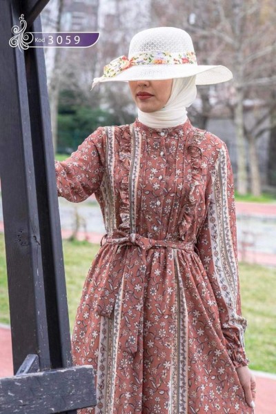 3059 Çiçek Desenli Elbise - Taba 