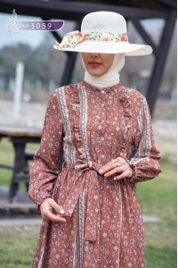 3059 Çiçek Desenli Elbise - Bej