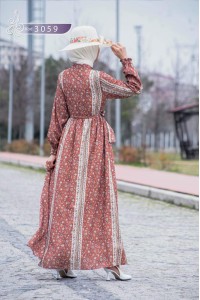 3059 Çiçek Desenli Elbise - Bej