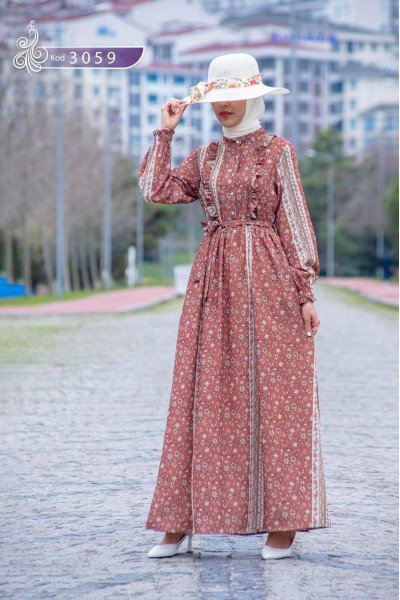 3059 Çiçek Desenli Elbise - Taba 