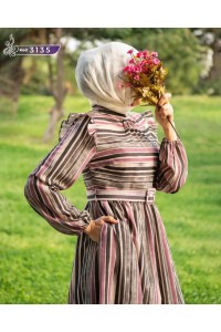 3135 Çizgi Detaylı Elbise - Siyah&Mor