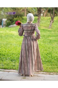 3135 Çizgi Detaylı Elbise - Pembe-yeşil