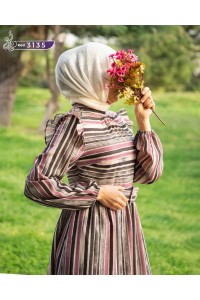 3135 Çizgi Detaylı Elbise - Siyah&Mor