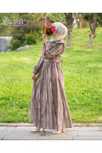 3135 Çizgi Detaylı Elbise - Pembe-yeşil