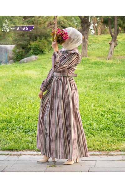 3135 Çizgi Detaylı Elbise - Pembe-yeşil
