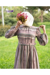 3135 Çizgi Detaylı Elbise - Pembe-yeşil