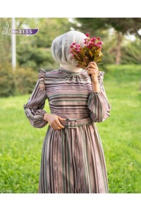 3135 Çizgi Detaylı Elbise - Pembe-yeşil