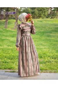 3135 Çizgi Detaylı Elbise - Siyah&Mor
