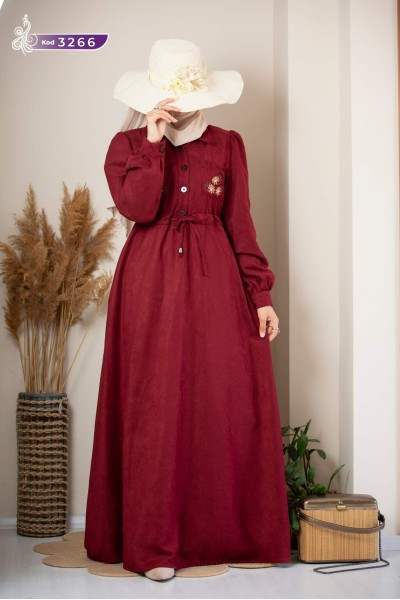 3266 Desenli Cepli Elbise - Bordo 