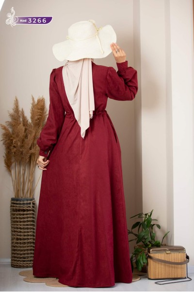 3266 Desenli Cepli Elbise - Bordo 