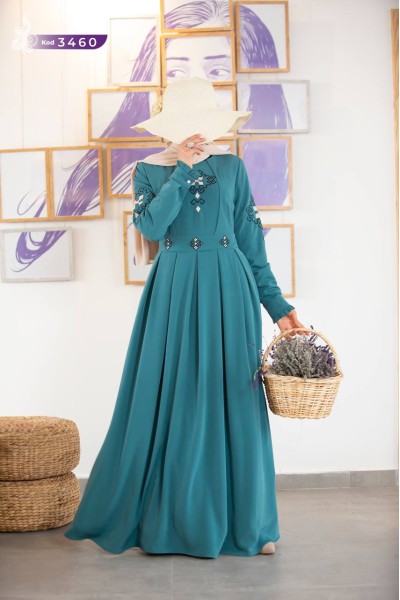 3460 Şık işlemeli elbise - Mint Yeşili 