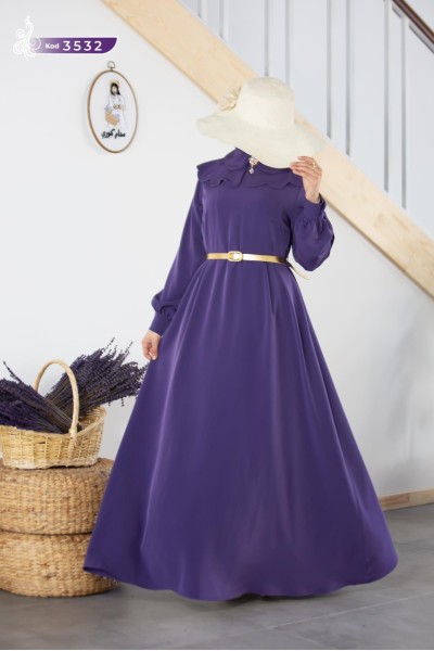 3532 Broş Detaylı Elbise - Mürdüm  