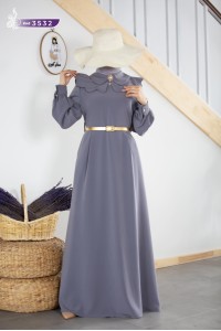 3532 Broş Detaylı Elbise - Gri