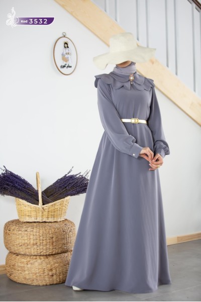 3532 Broş Detaylı Elbise - Gri  