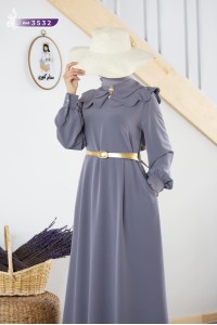 3532 Broş Detaylı Elbise - Gri
