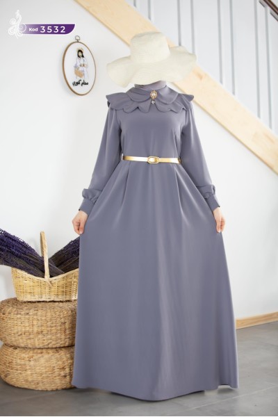 3532 Broş Detaylı Elbise - Gri  